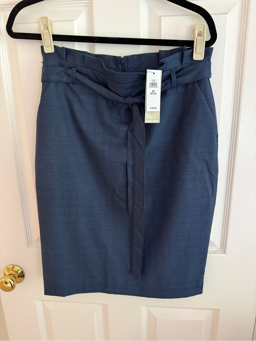 NWT Banana Republic Paperbag Waist Pencil Skirt in Navy Plaid, Size 6 Petite